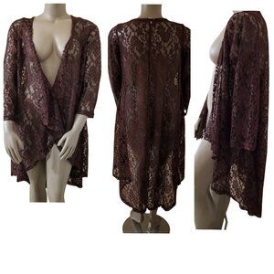 DARE2BESTYLISH Lace Long Sleeve Hi-Low Open Front Duster Cardigan 2X Dark Brown